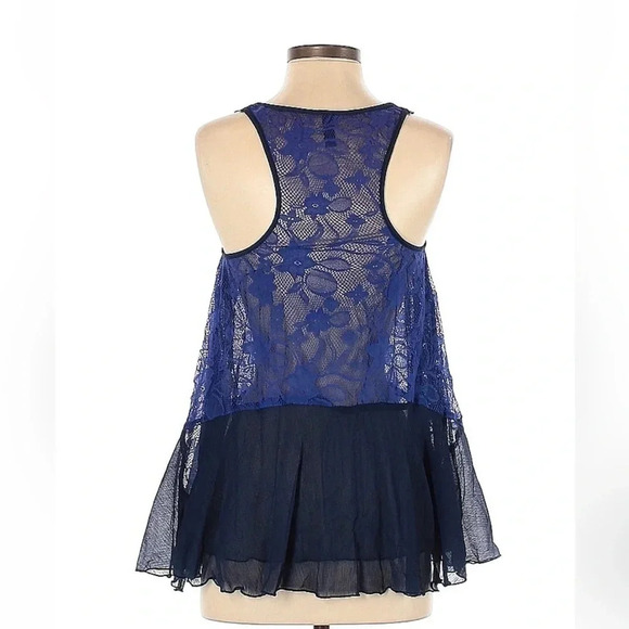 Free People | Boho Hippie Sheer Cobalt Blue Lace Crepe Swing Tank Blouse Size XS - Picture 3 of 3